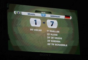 A general view of the scoreboard shows the result at the end of the 2014 World Cup semi-finals between Brazil and Germany at the Mineirao stadium in Belo Horizonte
